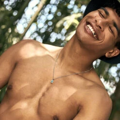 Silver Blue Blush Necklace -SERGE DENIMES Shop Silver Blue Blush Necklace Model Shot Man2