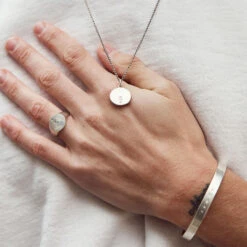 Silver Minimal Hallmark Necklace 21 Silver Minimal Hallmark Necklace -SERGE DENIMES Shop Silver Minimal Necklace Model Shot 2